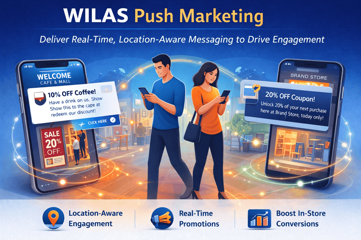 WILAS Location-Based Push Marketing campaign dashboard showing zone-triggered message delivery